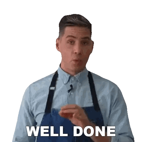 A Man Wearing An Apron Says Well Done In Front Of A White Background Sticker