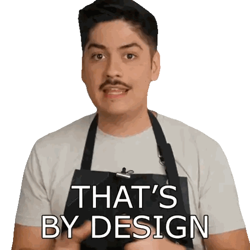 A Man Wearing An Apron With The Words That 'S By Design Written On It Sticker