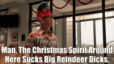 A Man Wearing An Elf Hat Says " Man The Christmas Spirit Around Here Sucks Big Reindeer Dicks .. " GIF