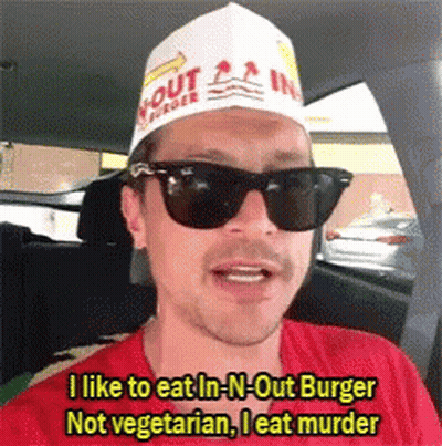 A Man Wearing An In-N-Out Burger Hat And Sunglasses GIF