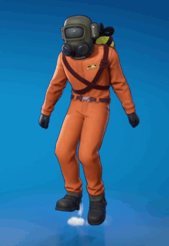 A Man Wearing An Orange Jumpsuit And A Gas Mask Is Dancing On A Blue Background GIF