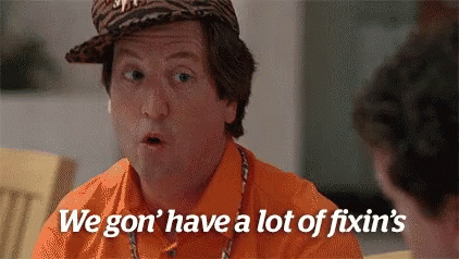 A Man Wearing An Orange Shirt And A Leopard Print Hat Says We Gon 'T Have A Lot Of Fixin 'S GIF
