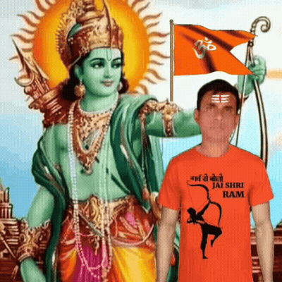 A Man Wearing An Orange Shirt With Jai Shri Ram On It GIF