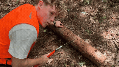 A Man Wearing An Orange Vest Is Cutting A Log GIF