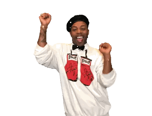 A Man Wearing Boxing Gloves And A Sweater That Says " Party " Sticker