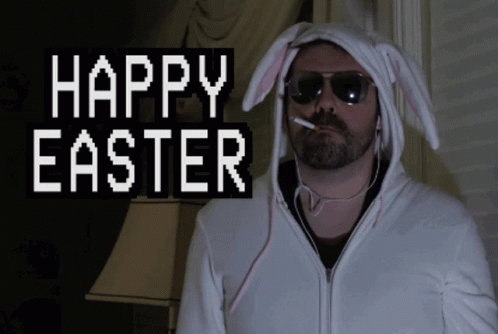 A Man Wearing Bunny Ears And Sunglasses Smoking A Cigarette With The Words Happy Easter Behind Him GIF