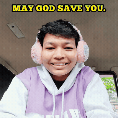 A Man Wearing Ear Muffs And A Purple Hoodie With The Words May God Save You Above Him GIF
