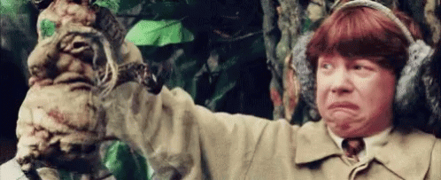 A Man Wearing Ear Muffs Is Holding A Plant In His Hand . GIF