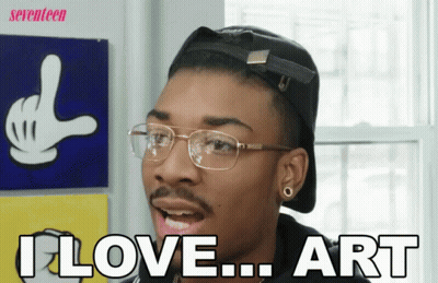 A Man Wearing Glasses And A Black Hat Says I Love Art GIF