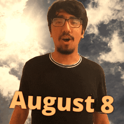 A Man Wearing Glasses And A Black Shirt Stands In Front Of A Cloudy Sky And Says August 8 GIF