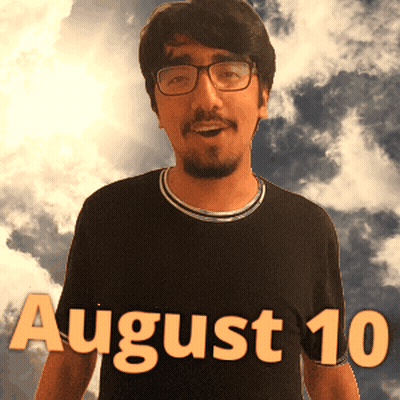 A Man Wearing Glasses And A Black Shirt That Says August 10 On It GIF