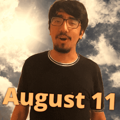 a man wearing glasses and a black shirt that says august 11 on it