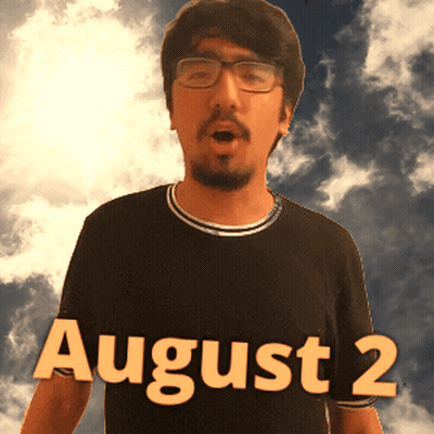 A Man Wearing Glasses And A Black Shirt That Says August 2 On It GIF