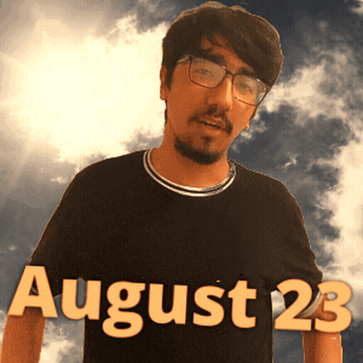 A Man Wearing Glasses And A Black Shirt That Says August 23 On It GIF