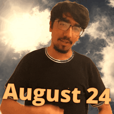 A Man Wearing Glasses And A Black Shirt That Says August 24 On It GIF