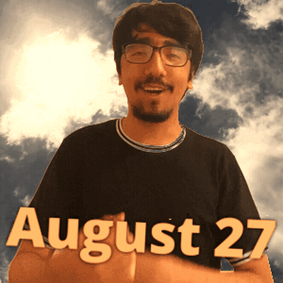 a man wearing glasses and a black shirt that says august 27 on it