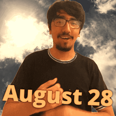 A Man Wearing Glasses And A Black Shirt That Says August 28 On It GIF