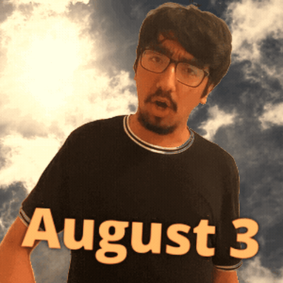 A Man Wearing Glasses And A Black Shirt That Says August 3 On It GIF