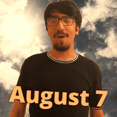 A Man Wearing Glasses And A Black Shirt That Says August 7 On It GIF