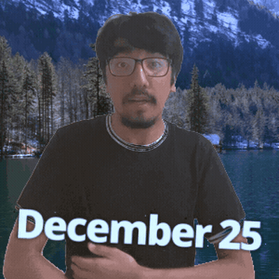 a man wearing glasses and a black shirt that says december 25 on it