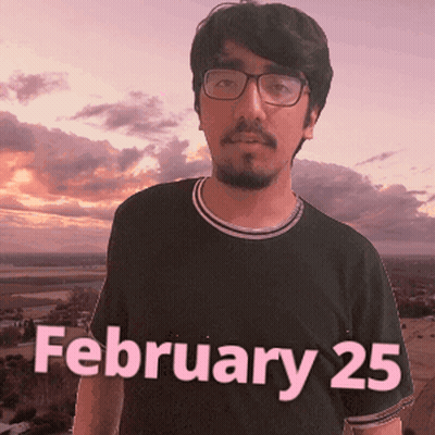 A Man Wearing Glasses And A Black Shirt That Says February 25 On It GIF