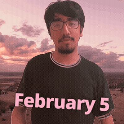 A Man Wearing Glasses And A Black Shirt With February 5 Written On It GIF