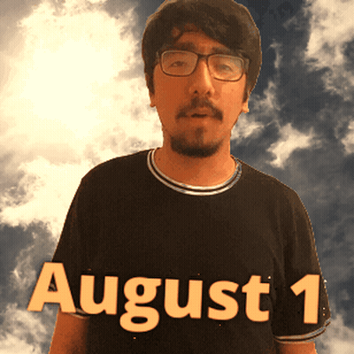 A Man Wearing Glasses And A Black Shirt With The Date August 1 On It GIF
