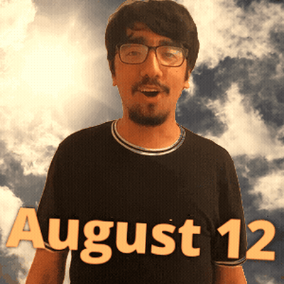 A Man Wearing Glasses And A Black Shirt With The Date August 12 On It GIF