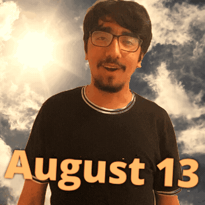 A Man Wearing Glasses And A Black Shirt With The Date August 13 On It GIF