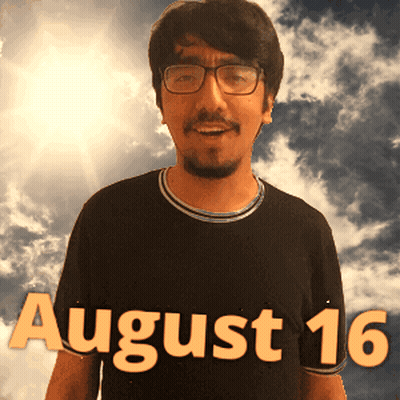 a man wearing glasses and a black shirt with the date august 16 on it