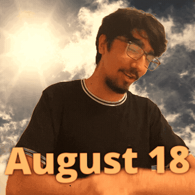 A Man Wearing Glasses And A Black Shirt With The Date August 18 On It GIF