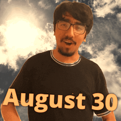A Man Wearing Glasses And A Black Shirt With The Date August 30 On It GIF