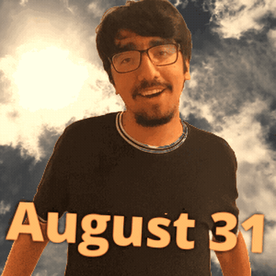 a man wearing glasses and a black shirt with the date august 31 on it