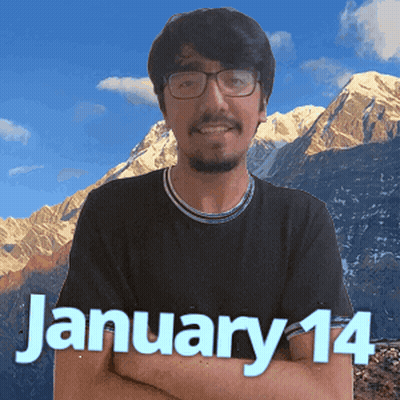 a man wearing glasses and a black shirt with the date january 14 on it