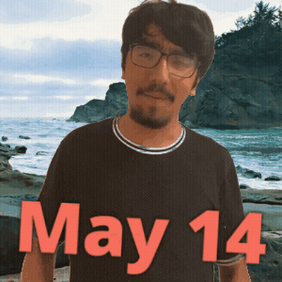 A Man Wearing Glasses And A Black Shirt With The Date May 14 GIF