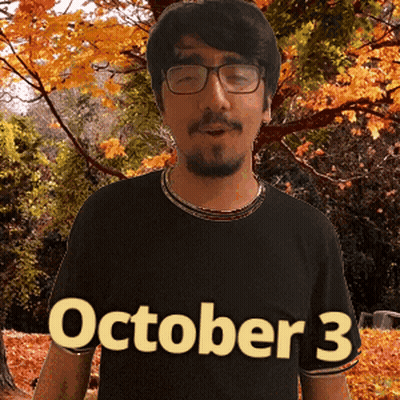 A Man Wearing Glasses And A Black Shirt With The Date October 3 GIF