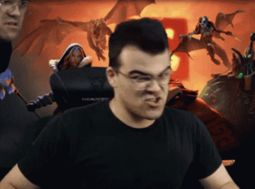 A Man Wearing Glasses And A Black Shirt With The Word Thunder On The Front GIF