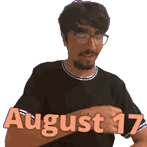 A Man Wearing Glasses And A Black Shirt With The Words August 17 Written On His Arm Sticker