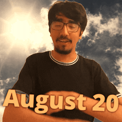 a man wearing glasses and a black shirt with the words august 20 on his chest