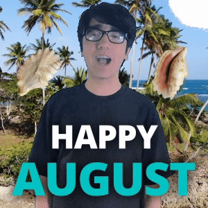 A Man Wearing Glasses And A Black Shirt With The Words Happy August Behind Him GIF