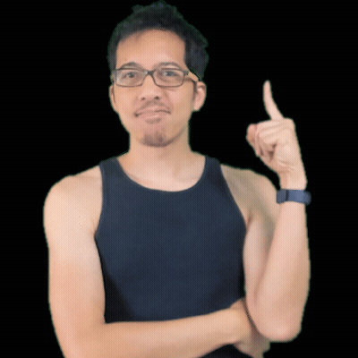 A Man Wearing Glasses And A Black Tank Top Is Pointing Upwards GIF