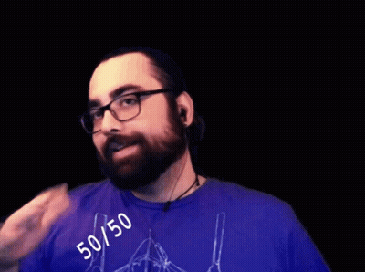A Man Wearing Glasses And A Blue Shirt Has The Number 50/50 Written On His Shirt GIF