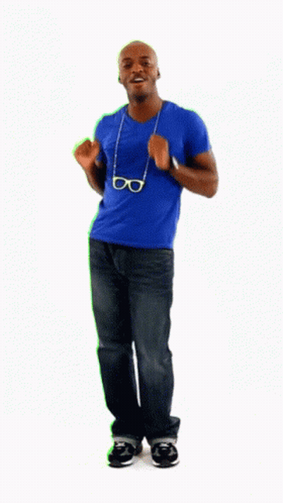 A Man Wearing Glasses And A Blue Shirt Is Dancing On A White Background GIF