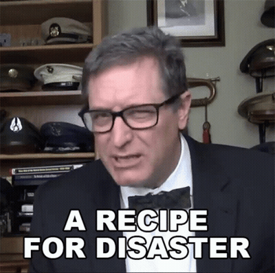 A Man Wearing Glasses And A Bow Tie Says " A Recipe For Disaster " GIF