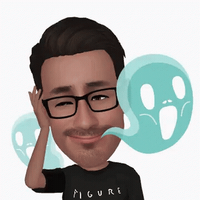 A Man Wearing Glasses And A Figure Shirt Is Surrounded By Two Ghosts GIF