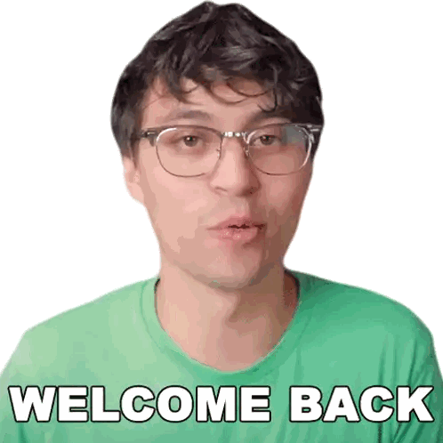 A Man Wearing Glasses And A Green Shirt With The Words Welcome Back On It Sticker