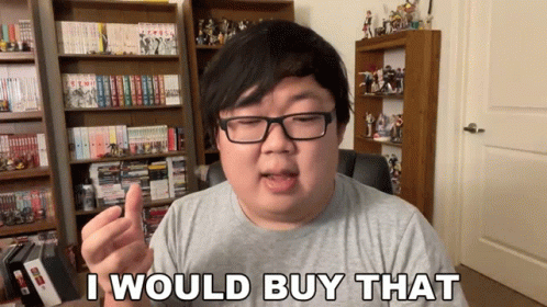 A Man Wearing Glasses And A Grey Shirt Says " I Would Buy That " GIF