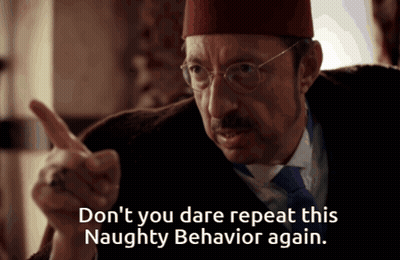 A Man Wearing Glasses And A Hat Says " Don T You Dare Repeat This Naughty Behavior Again " GIF