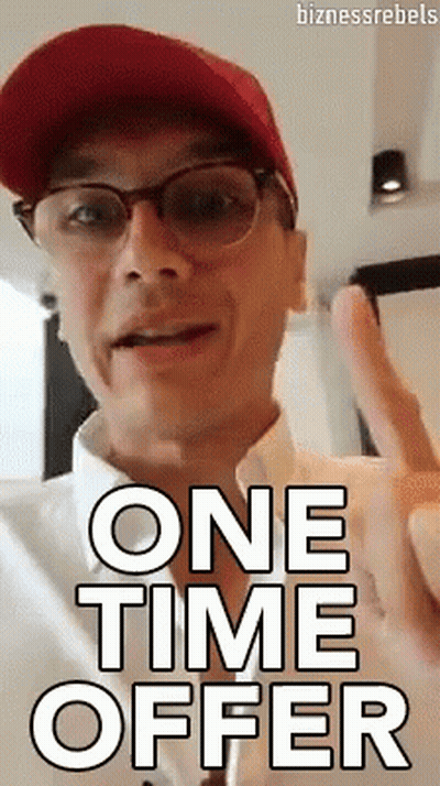 A Man Wearing Glasses And A Hat Says One Time Offer GIF