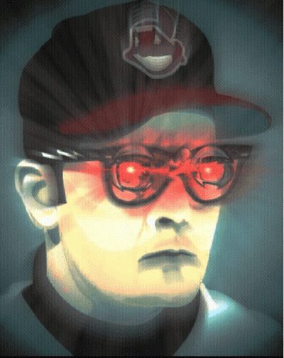 A Man Wearing Glasses And A Hat With The Indians Logo GIF
